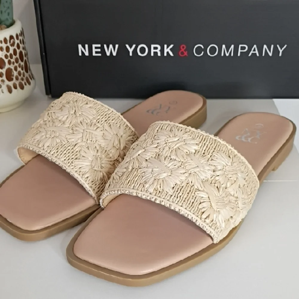 New York & Company Women's 9  Tan Slide Sandals Single Band Stich Flat Sandal - Picture 2 of 8